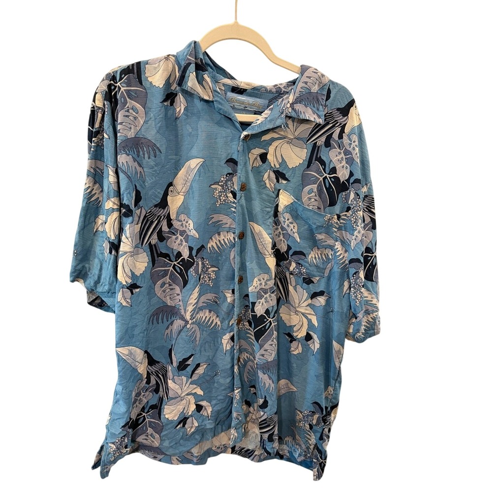Bermuda Bay Mens Large 100% Silk Toucan Tropical Floral Blue Camp Hawaii Shirt